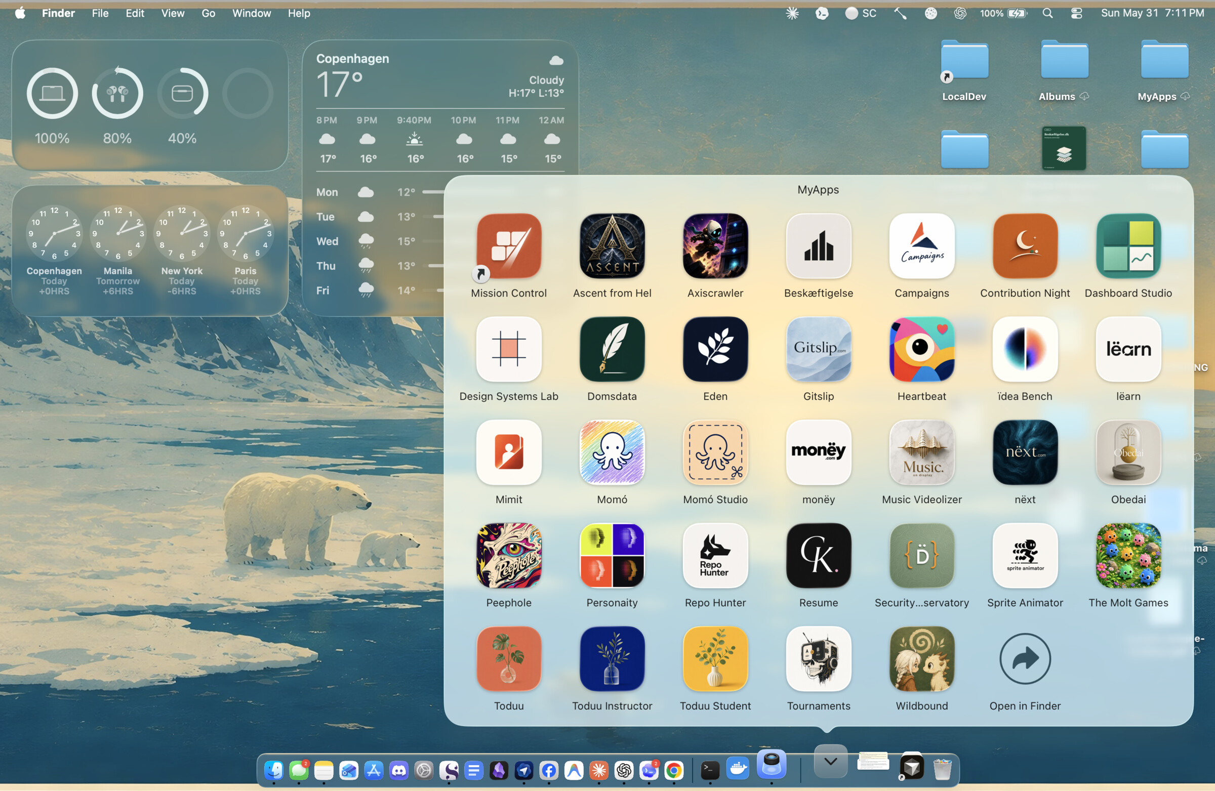 A macOS Dock Stack full of real app-it builds — Mission Control, Campaigns, monëy, Heartbeat, Repo Hunter and more, each with its own icon