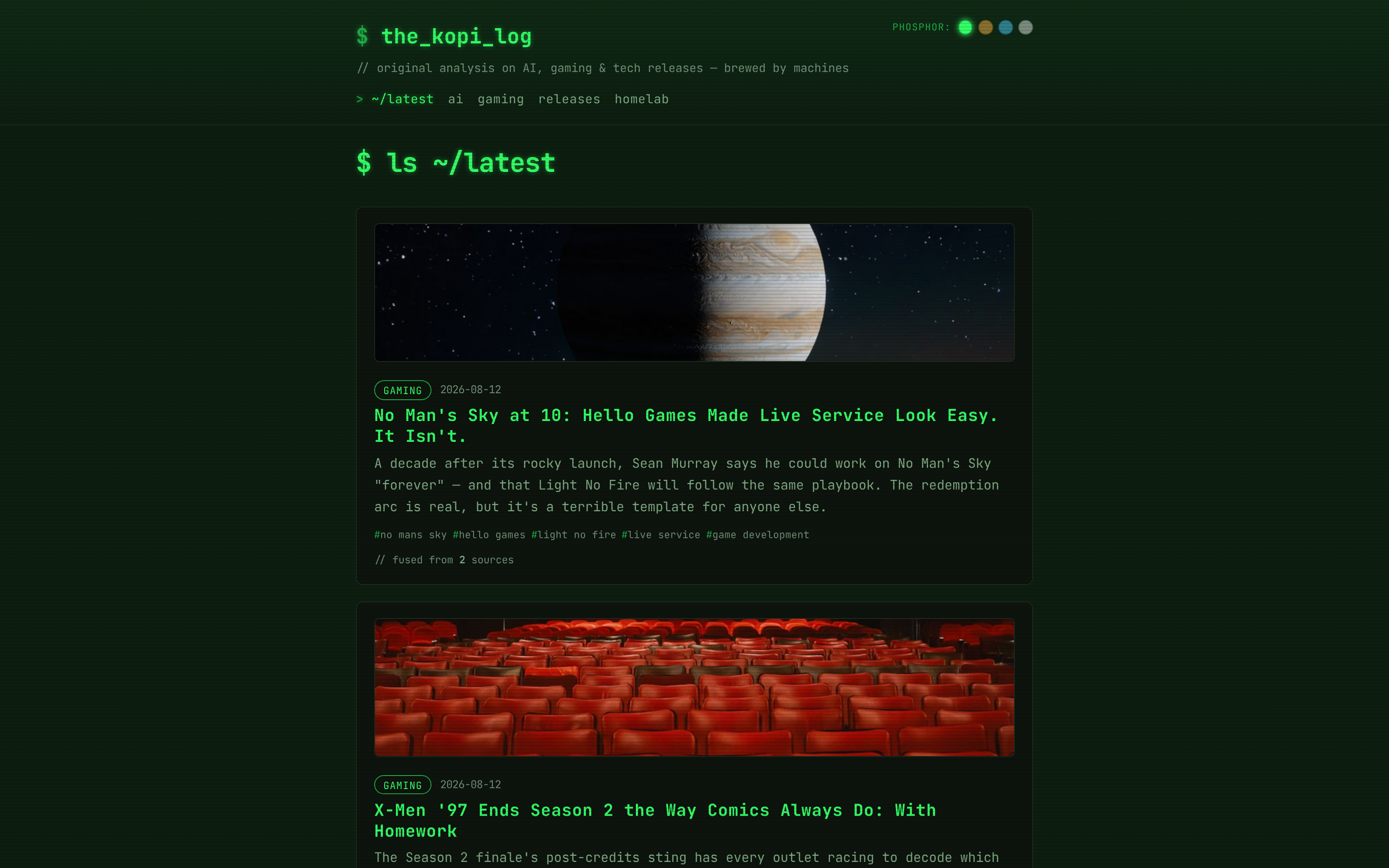 The kopilog front page, styled like a green-phosphor terminal: an ls ~/latest listing of article cards with cover images, category tags, and dates