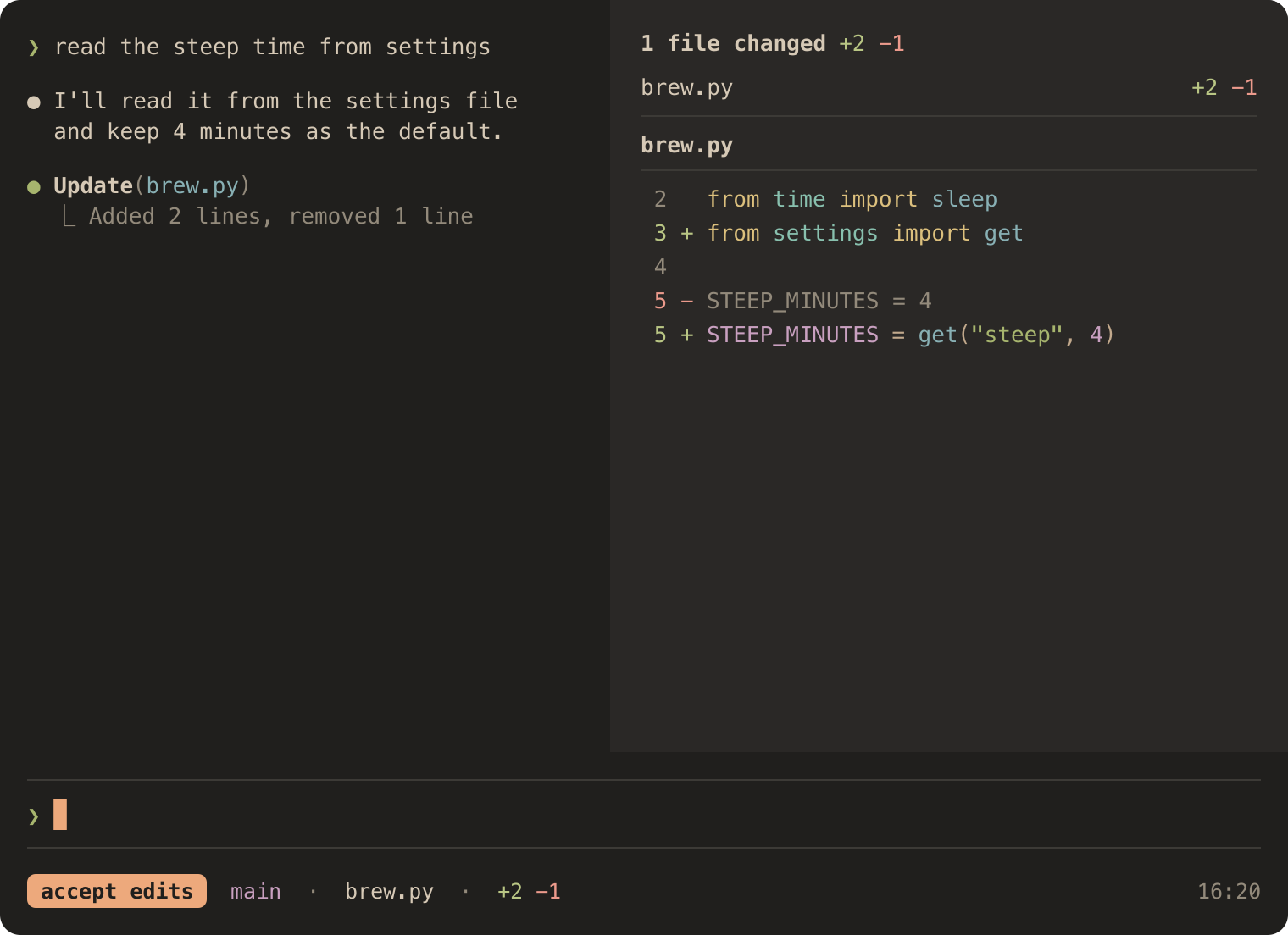 A Claude Code session in Umber Calm