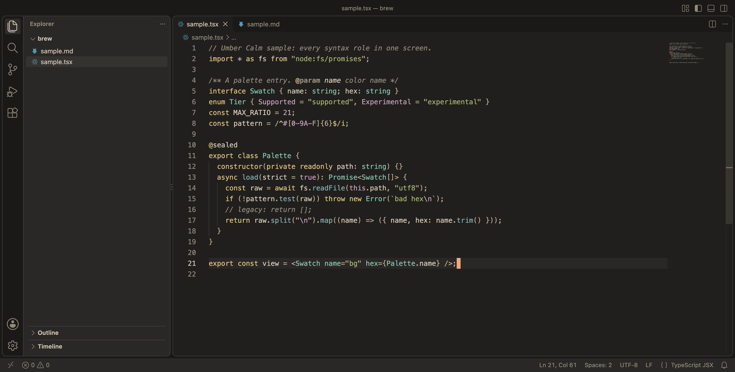 Umber Calm in VS Code: the explorer, an open TypeScript file and the status bar