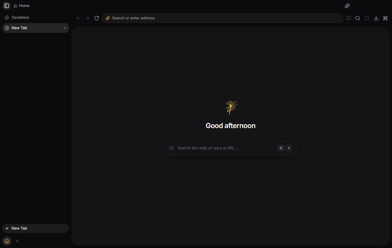 Dandelion's new tab page — a dandelion mark above a search field, with the vertical tab sidebar on the left