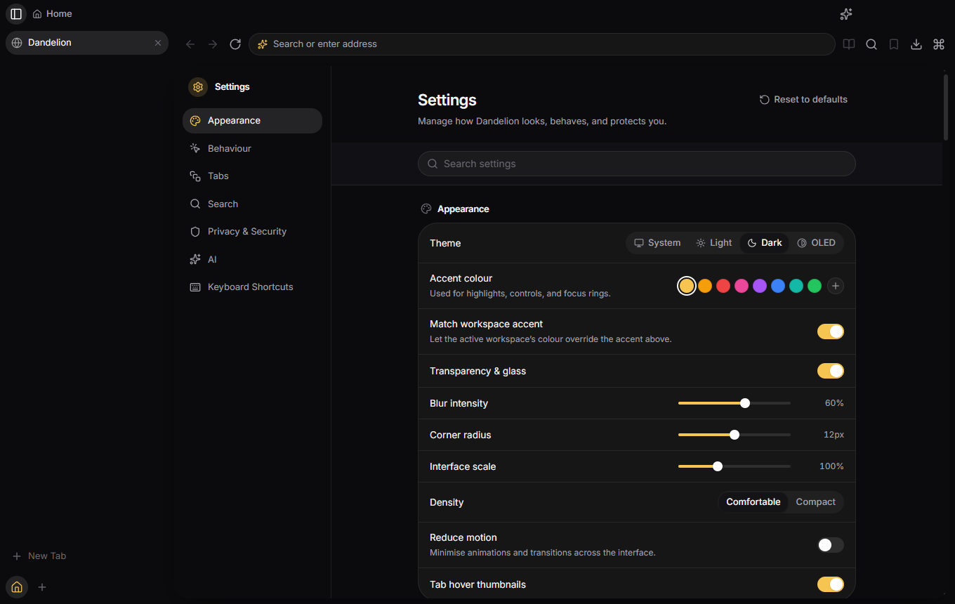 Dandelion's settings page showing appearance options: theme, accent colour, blur intensity, corner radius