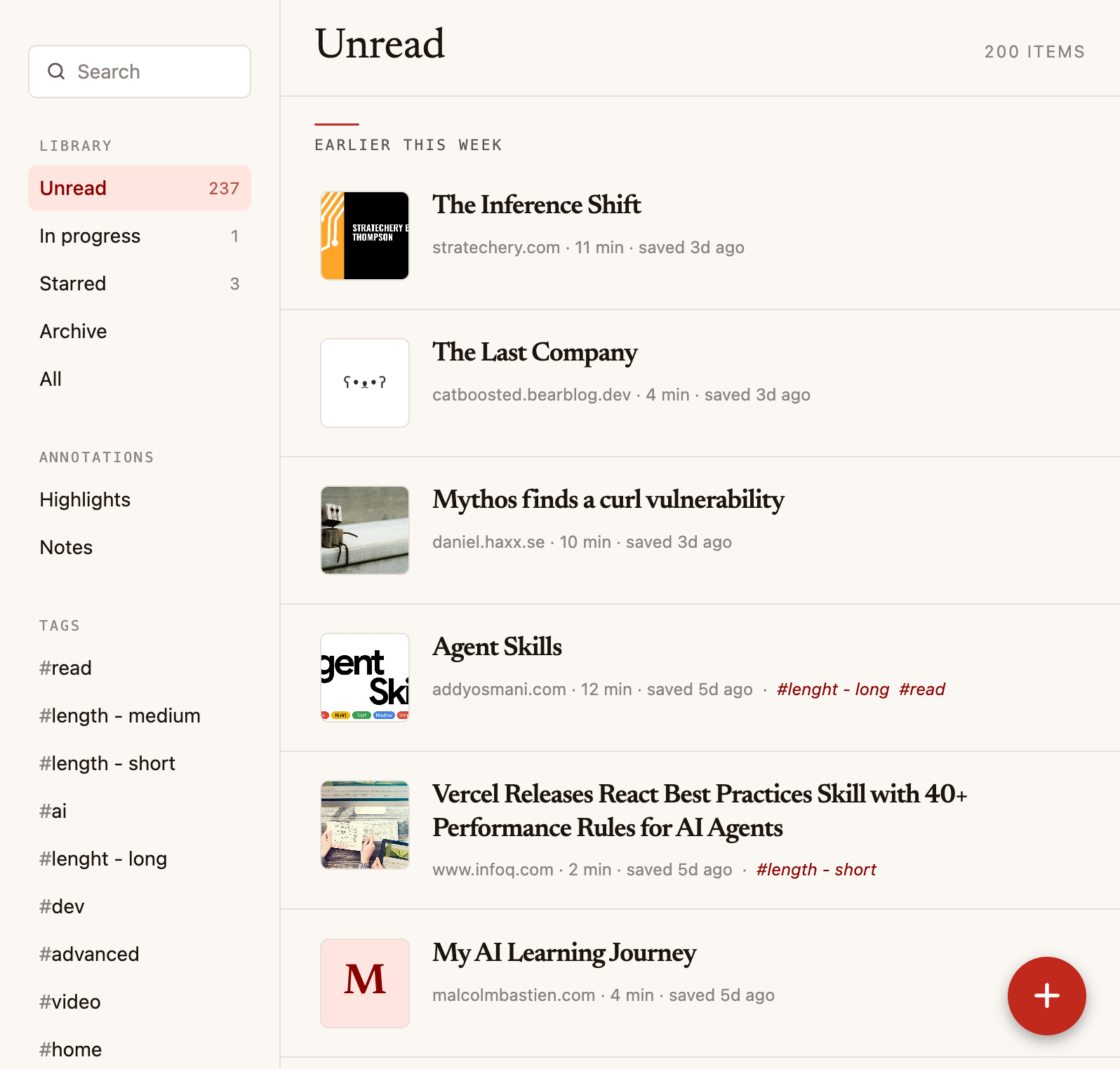 Library view with rail, filters, and article list