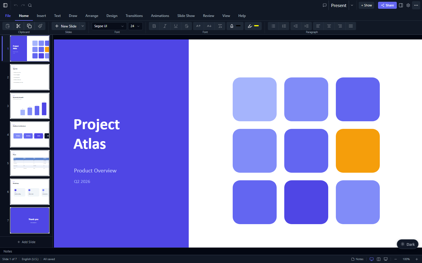 PowerPoint editor UI rendered in the browser