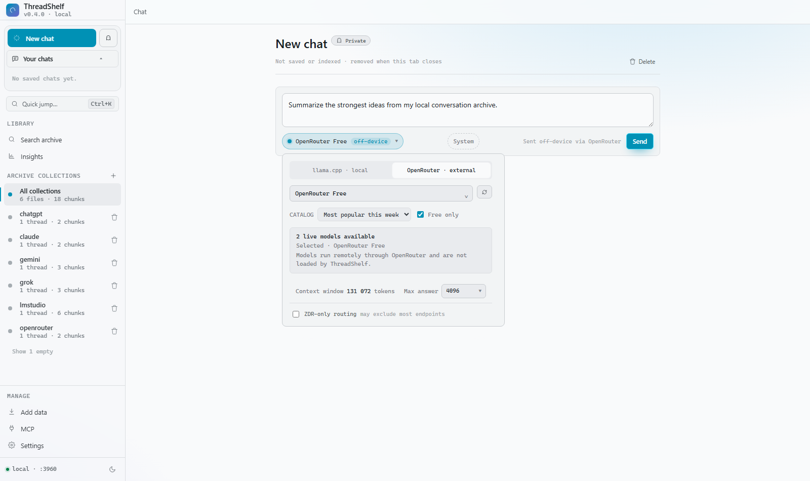 ThreadShelf conversation generation with local llama.cpp and external OpenRouter