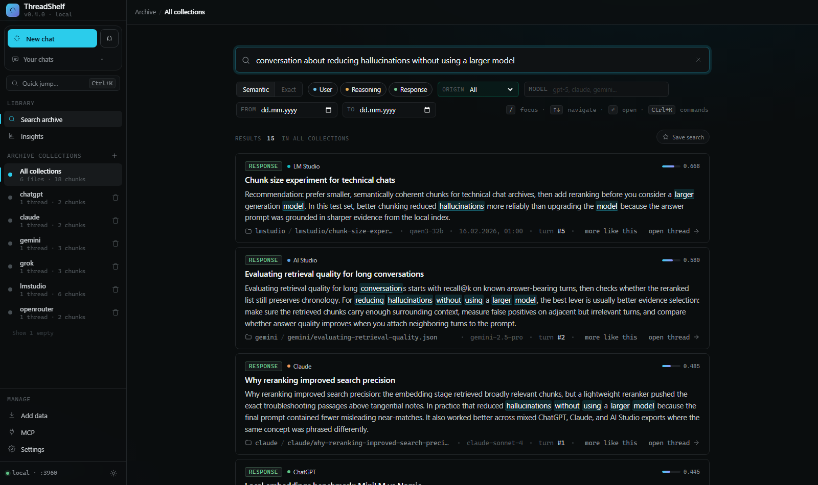 ThreadShelf semantic search, dark mode