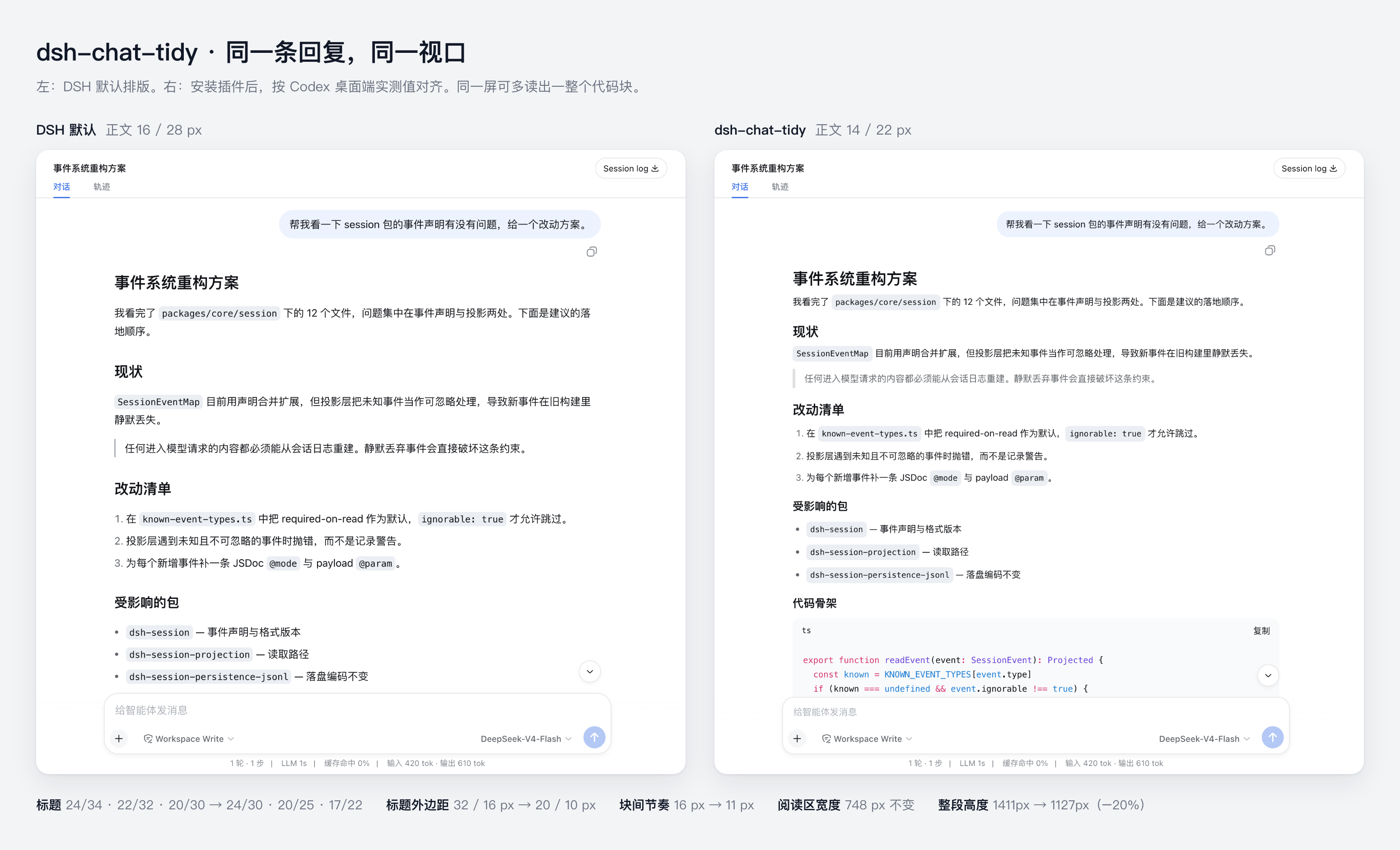 同一视口在启用 Tidy Chat 前后的对比