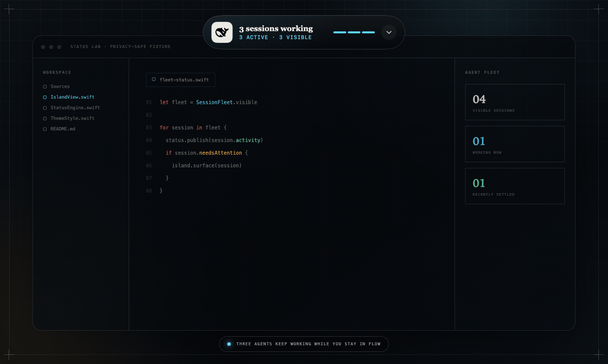 Privacy-safe demo: three sessions working, one session requests attention, and the island expands to show the fleet
