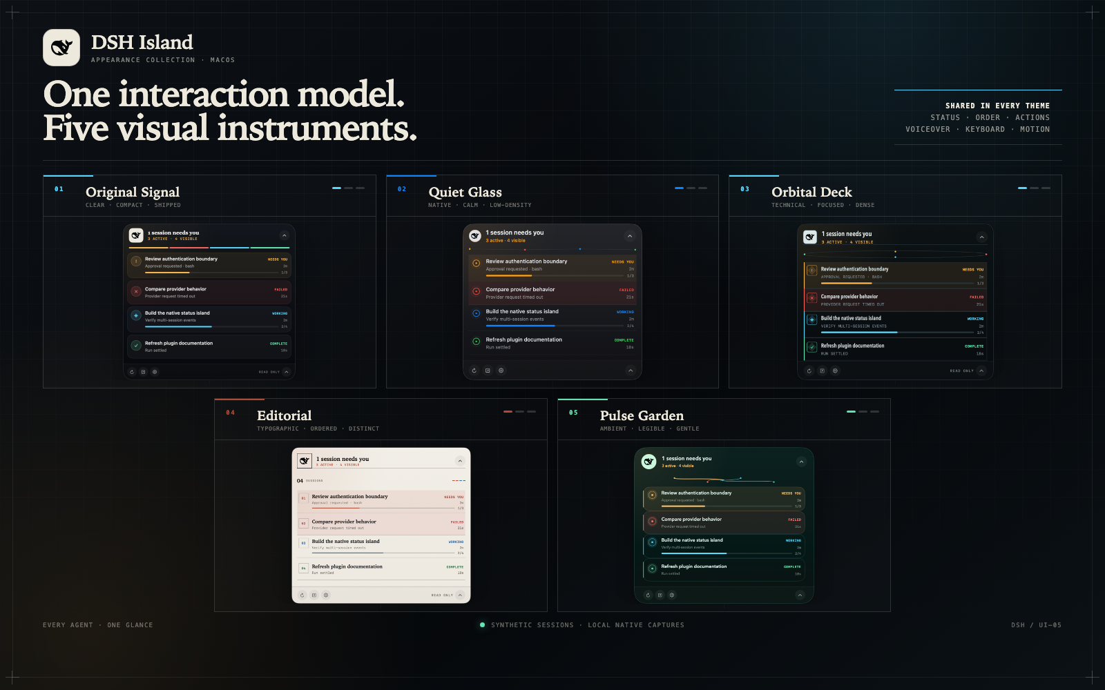 Five DSH Island themes showing the same privacy-safe synthetic session fleet
