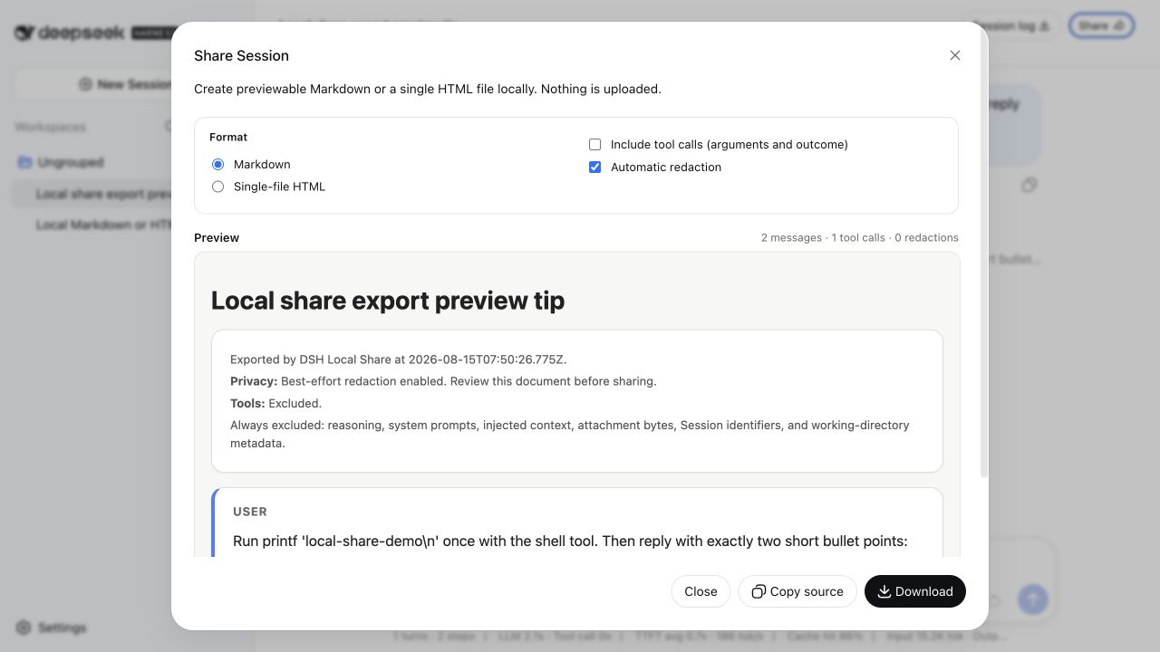 DSH Local Share preview with local output controls and privacy options