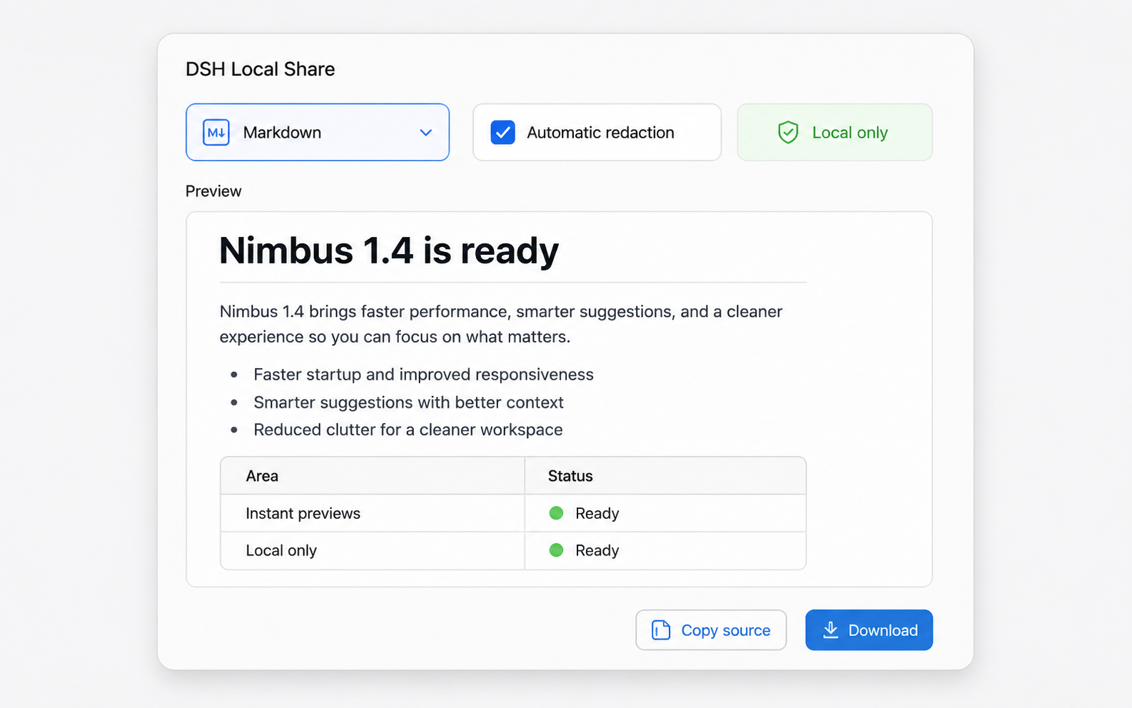 Synthetic preview of rendered assistant Markdown and local-only controls