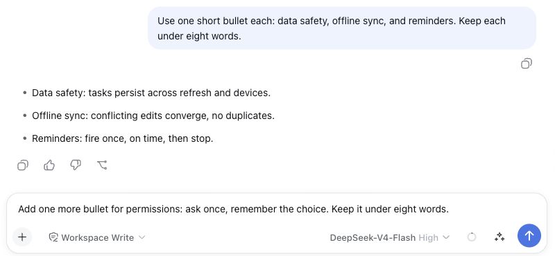 The accepted suggestion becomes an editable draft, with an added eight-word limit and an enabled send button