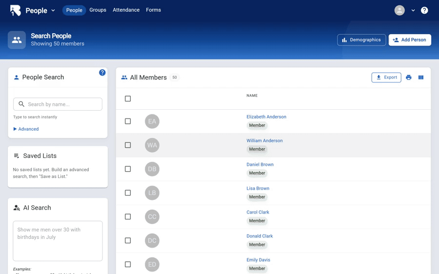B1Admin demo — people, groups, attendance, and donations