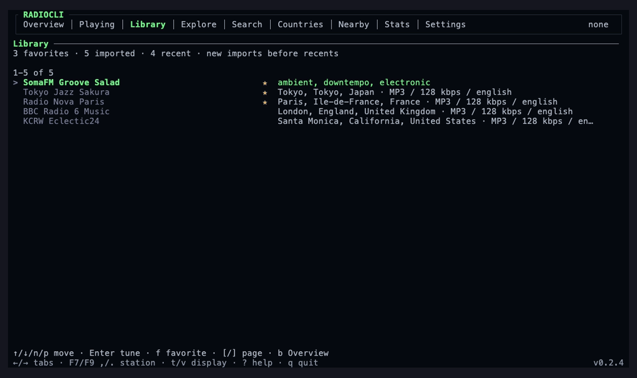 Favorites and recent stations in the RadioCLI Library