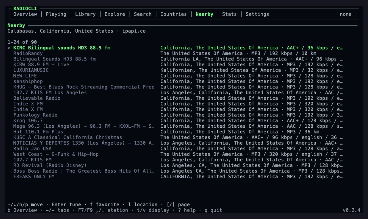 Nearby stations in RadioCLI