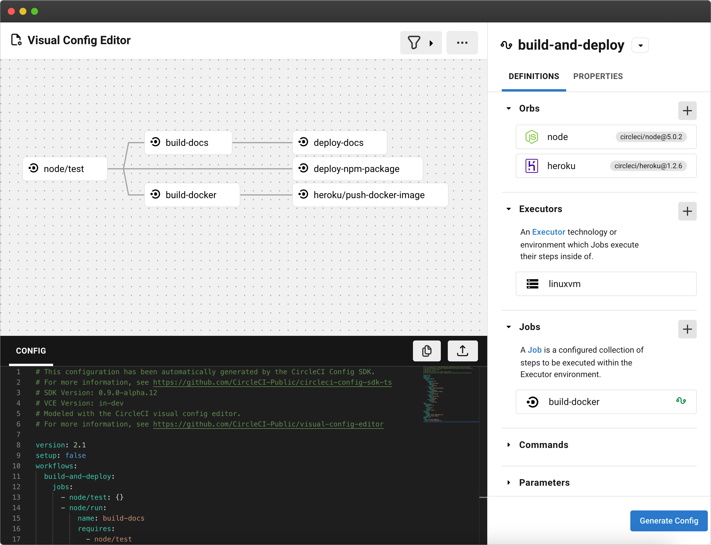 Preview of the CircleCI Visual Config Editor