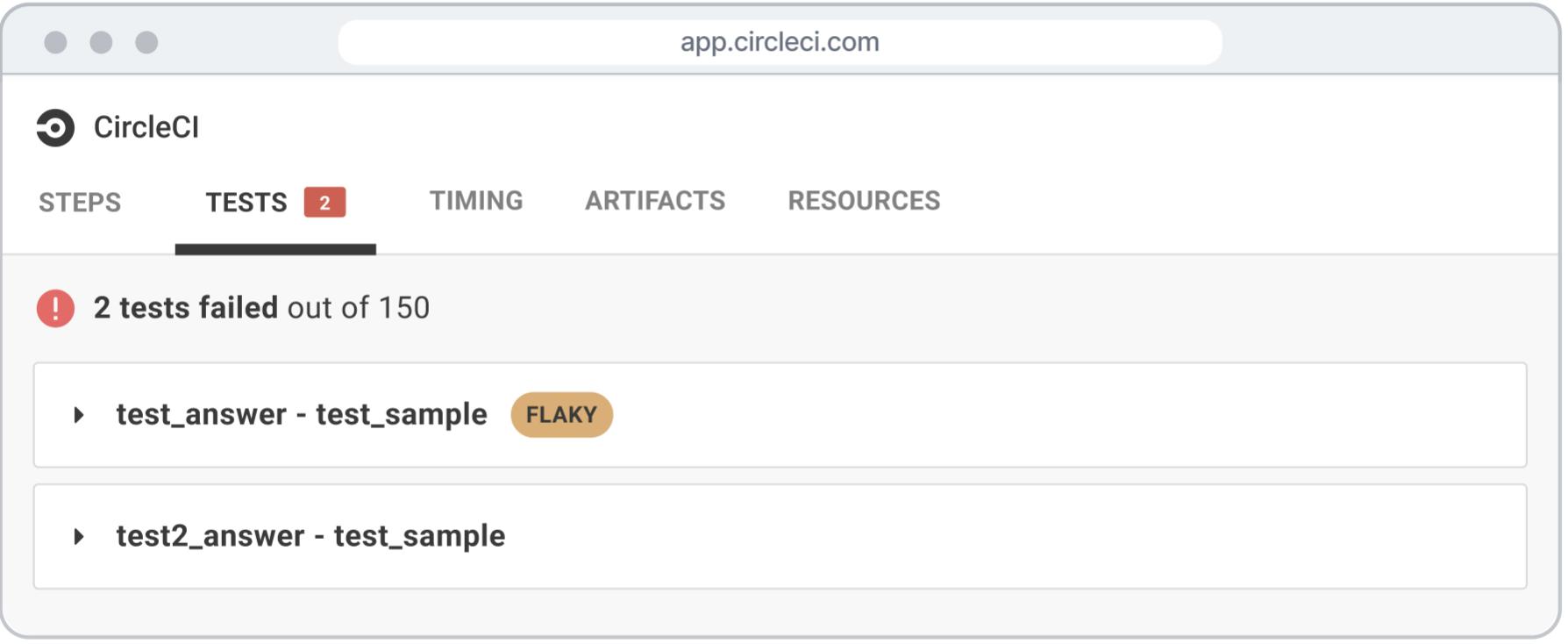 Screenshot of a CircleCI Tests tab