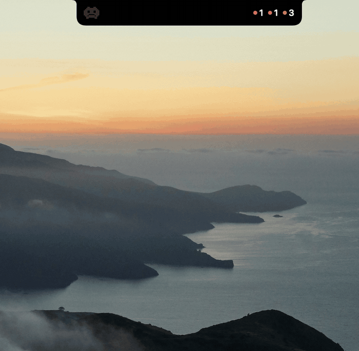 Notchling in the notch: a compact strip showing session counts drops open into a panel listing three Claude Code sessions — one blocked on a permission prompt with three subagents beneath it, one editing, one finished — then closes again