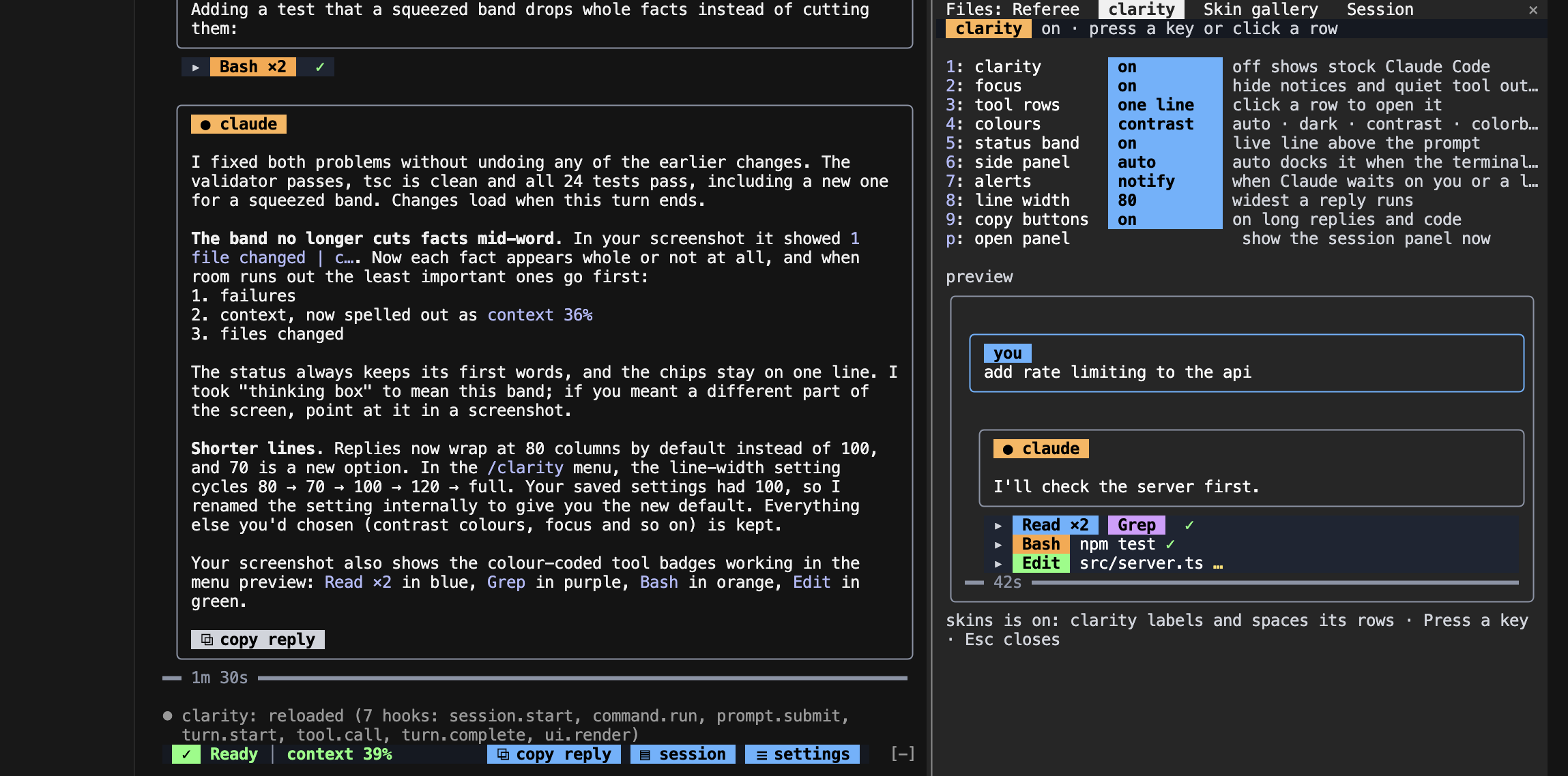 clarity in Cursor's terminal: a boxed reply, a folded run of Bash calls, the status band, and the settings menu with its preview