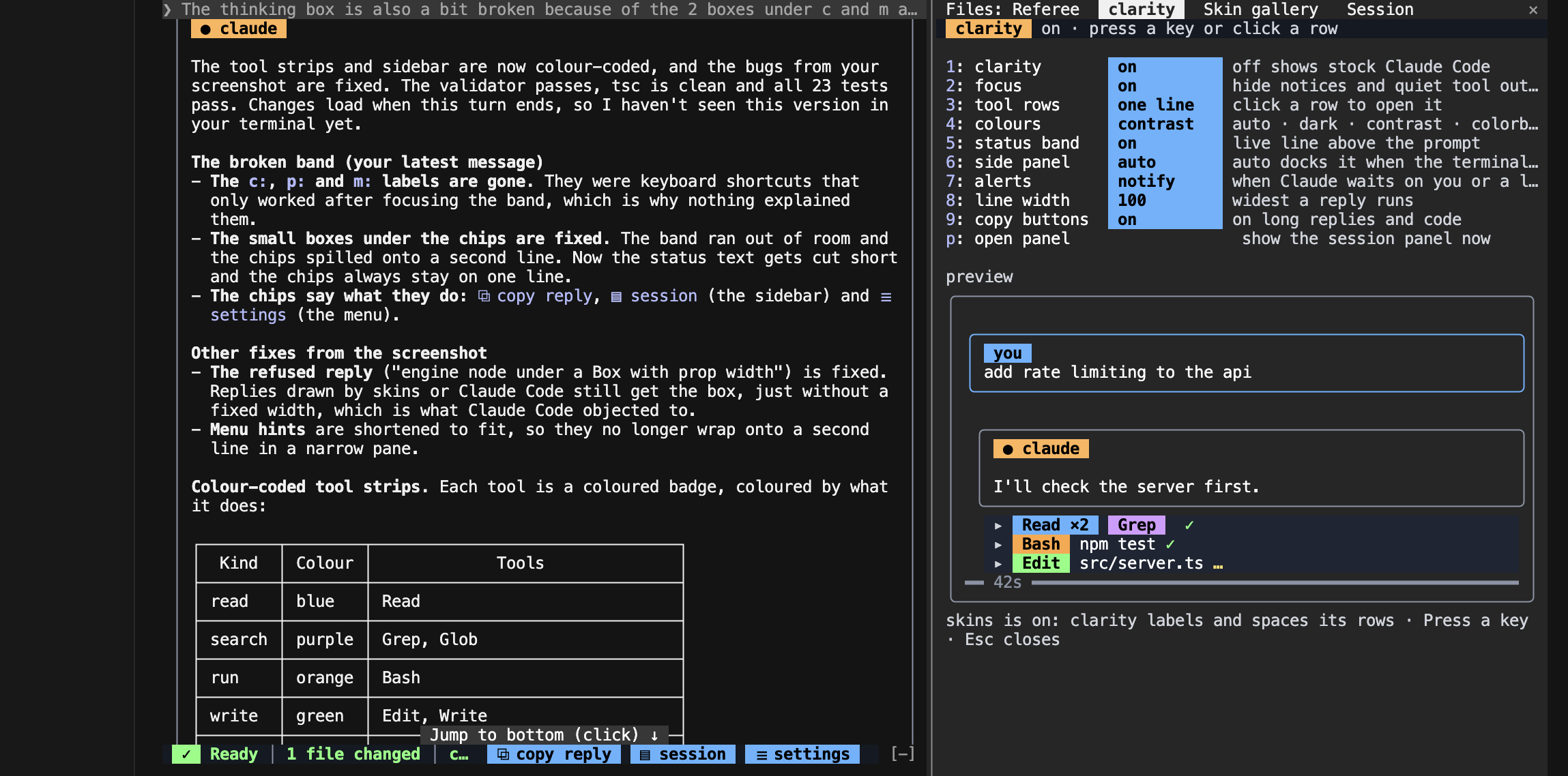 A reply with a table in its frame, beside the settings menu