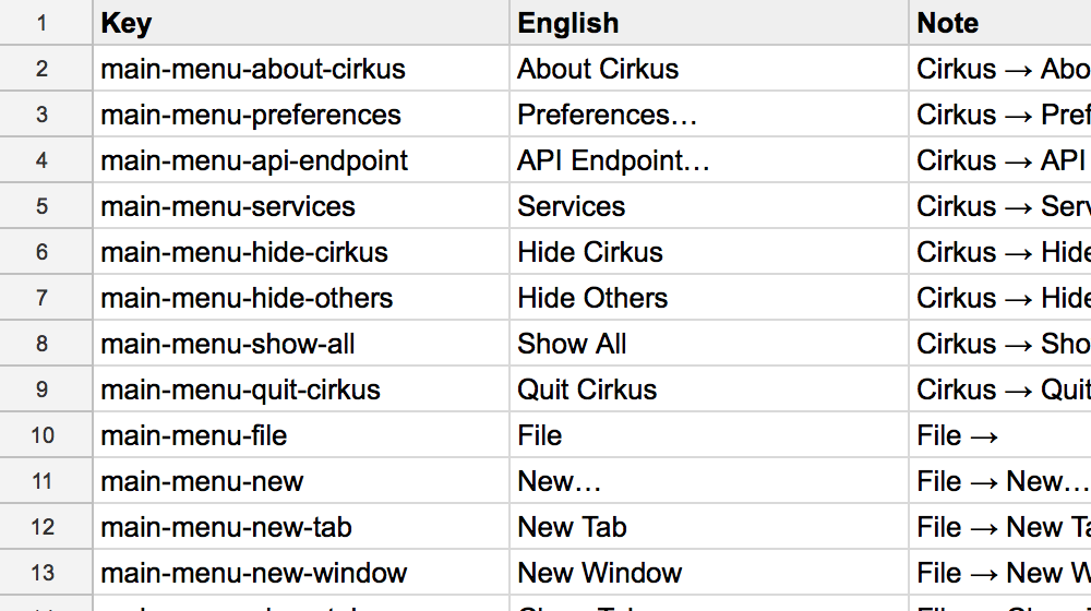 Google Sheet with English strings