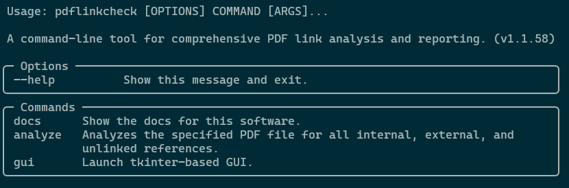 Screenshot of the pdflinkcheck CLI Tree Help