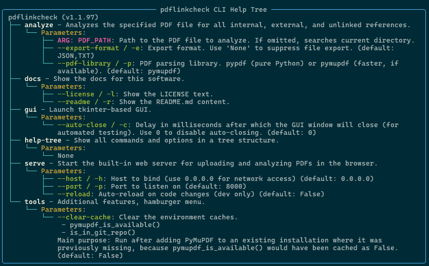 Screenshot of the pdflinkcheck CLI Tree Help