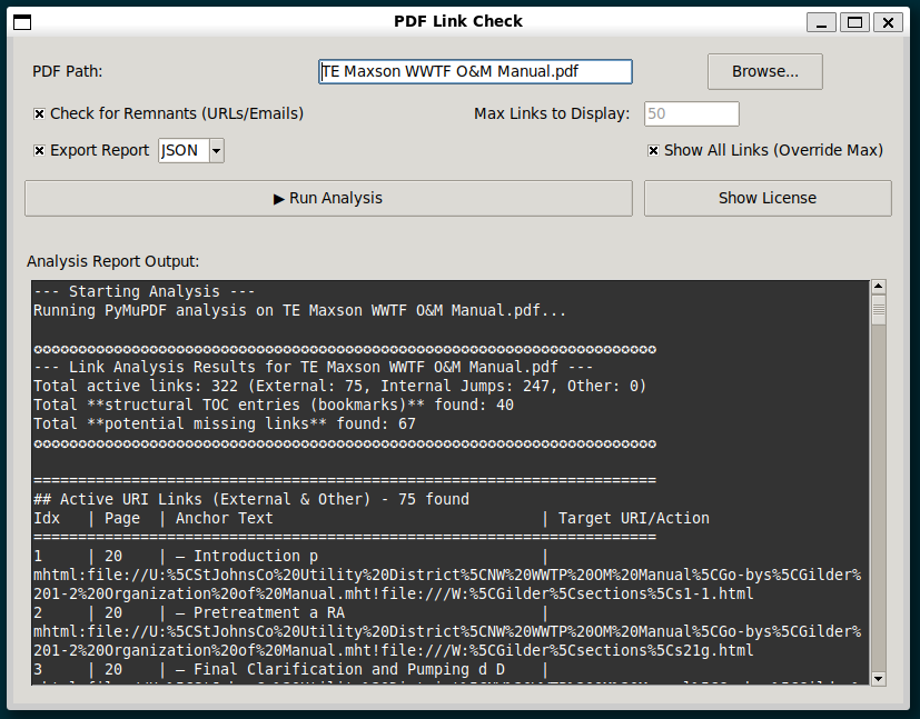 Screenshot of the pdflinkcheck GUI