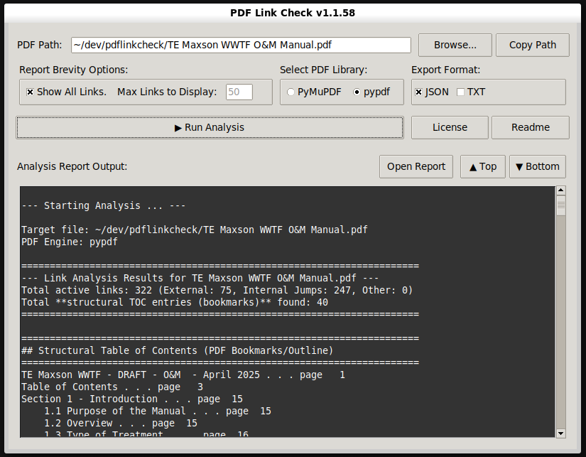 Screenshot of the pdflinkcheck GUI