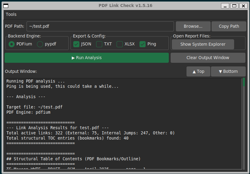 Screenshot of the pdflinkcheck GUI