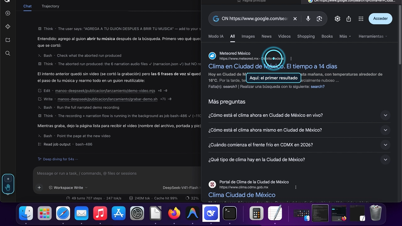 Manoo trabajando con DeepSeek: el chat a la izquierda, los resultados a la derecha y el aro señalando el primer resultado
