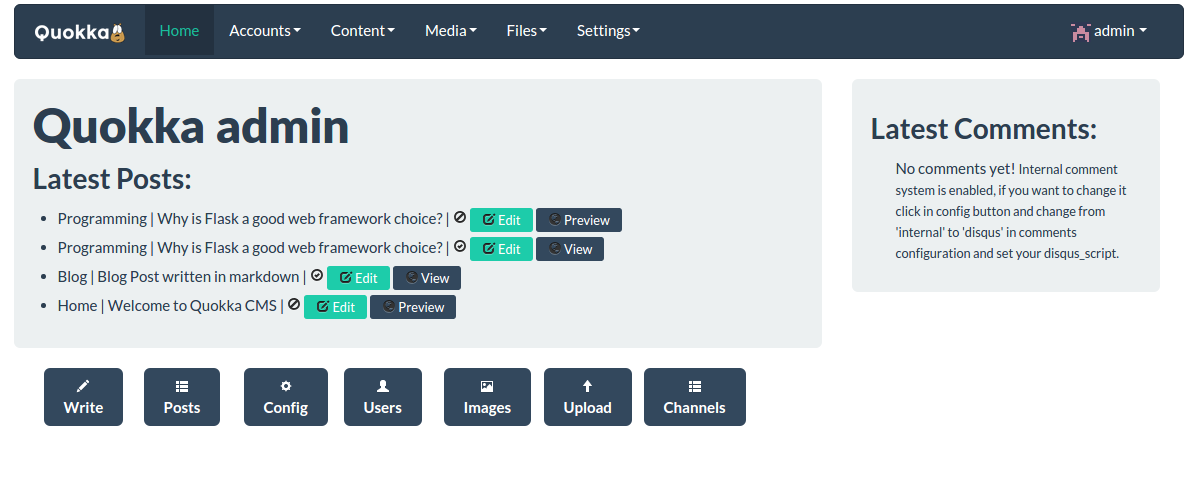 quokka cms admin content dashboard