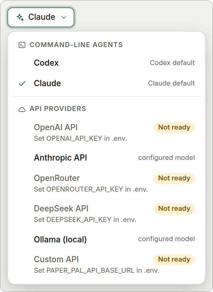 The backend picker: command-line agents and API providers, with backends that are not ready saying what is missing.