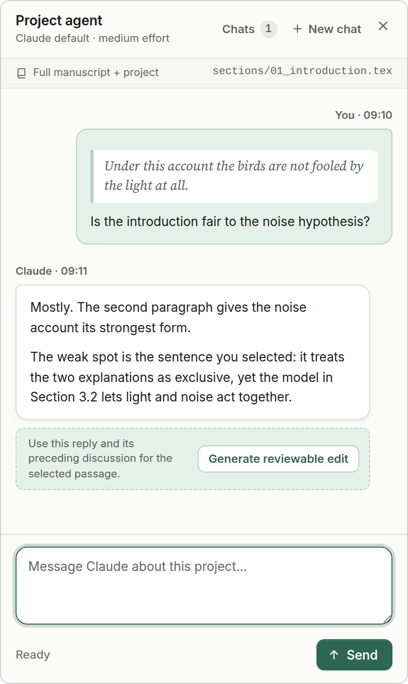 Project chat answering a question about the paper.