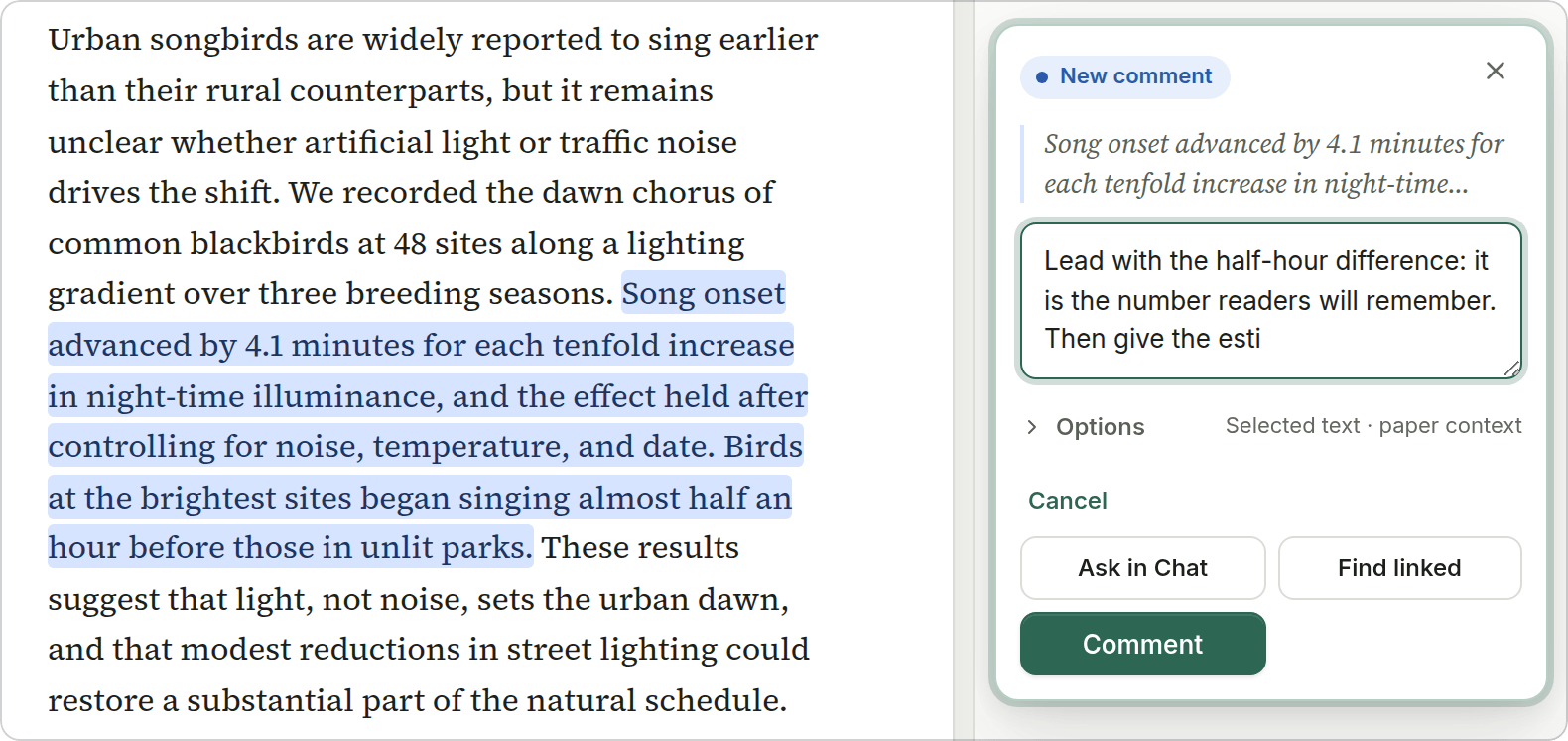 Two sentences selected in the abstract, with the comment composer open and a half-typed comment.