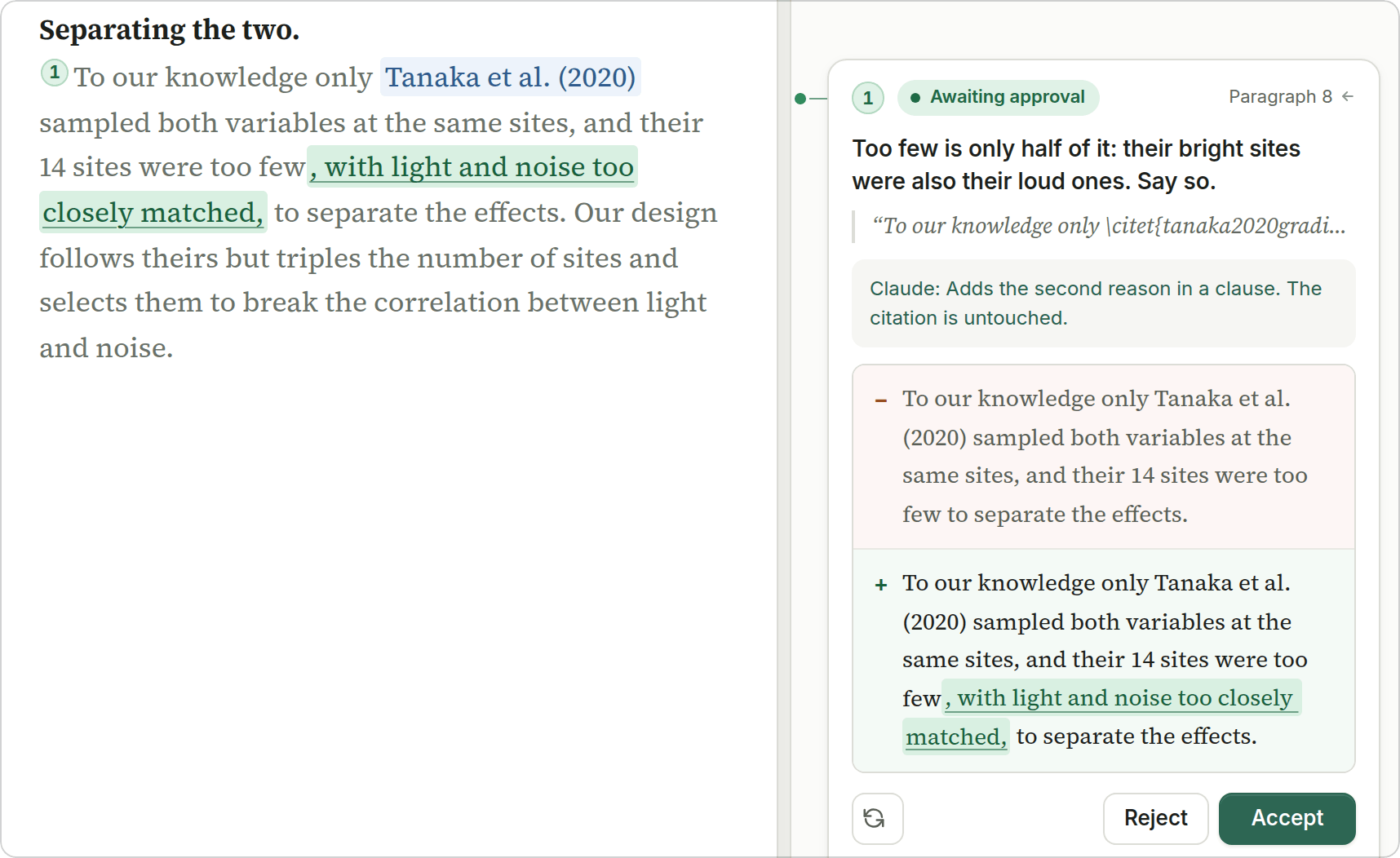 A proposed rewrite of a sentence that contains a citation, shown twice: inline in the manuscript, where the added clause is underlined in green and the citation is left as it was, and as before and after rows in the comment card, above Reject and Accept buttons.