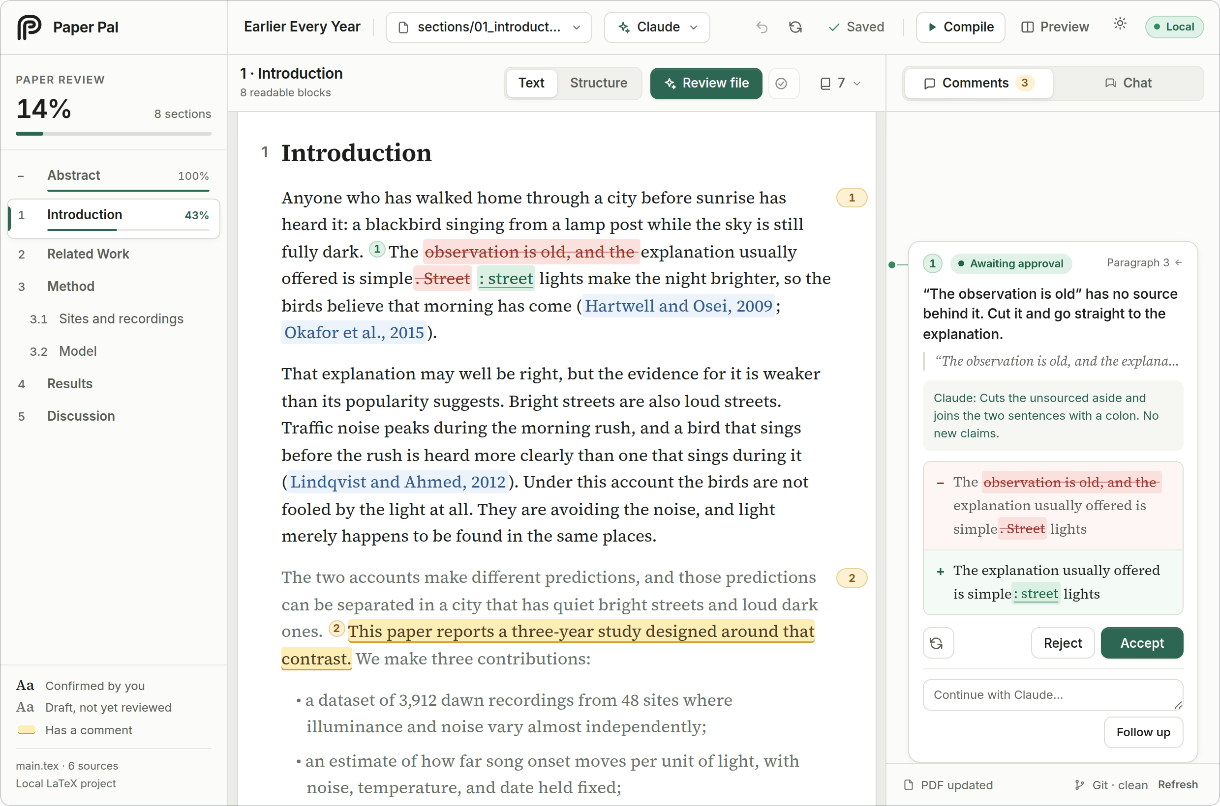 Paper Pal. Left: the paper's outline with review progress. Middle: the manuscript shown as prose, with a proposed edit inline as a red and green diff. Right: the comment that asked for it, with Accept and Reject buttons.