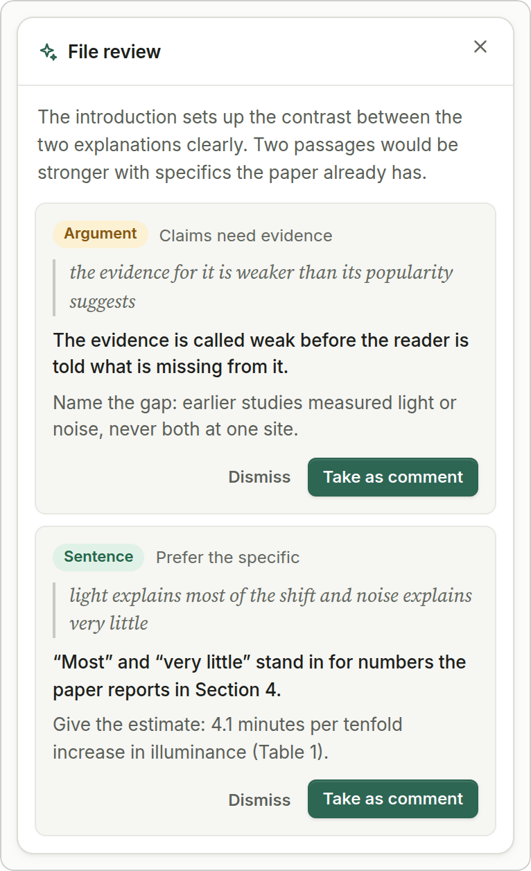 Findings from a whole-file review, each of which can be kept as a comment.