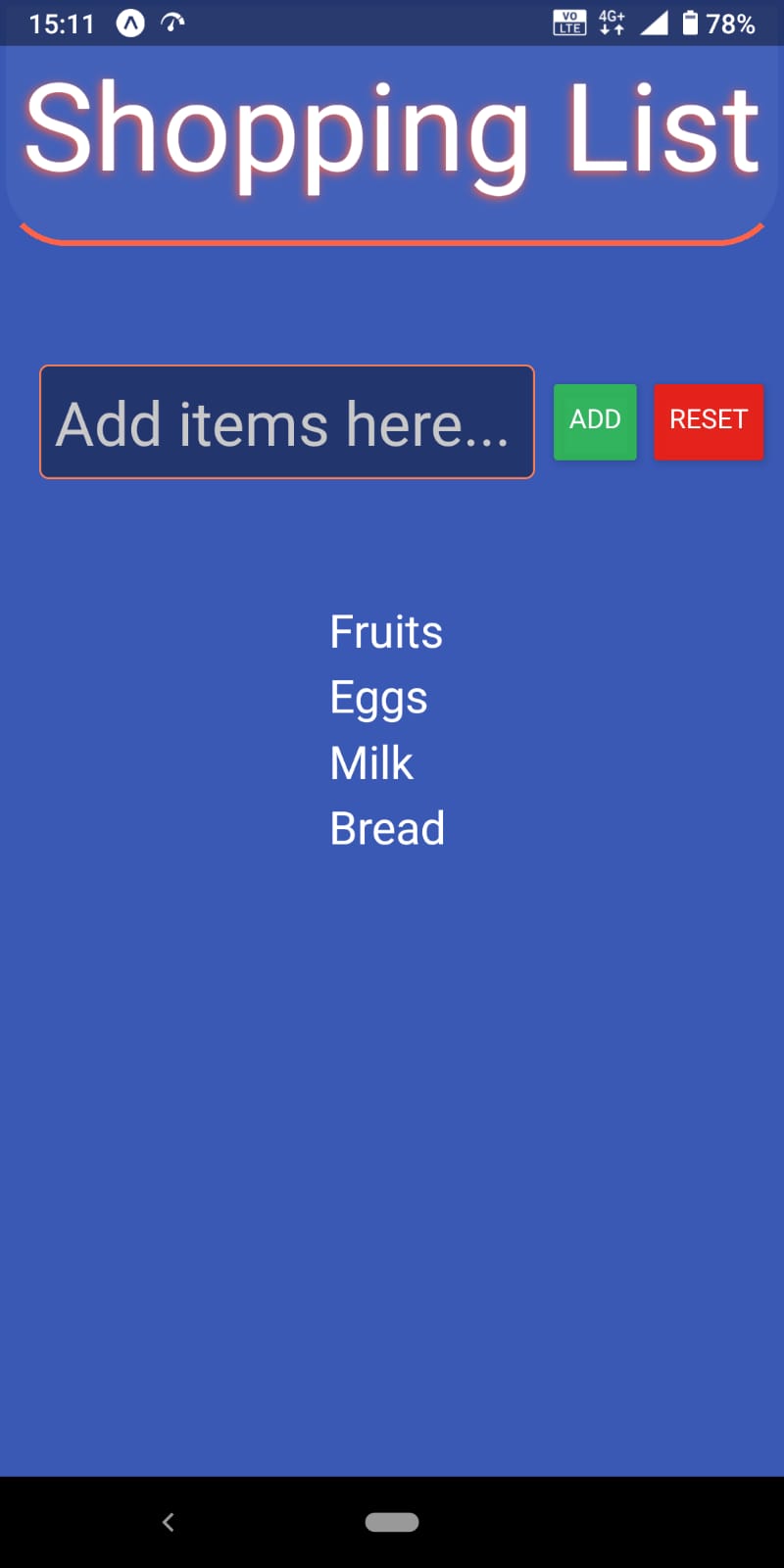 Screenshot of React Native shopping list app
