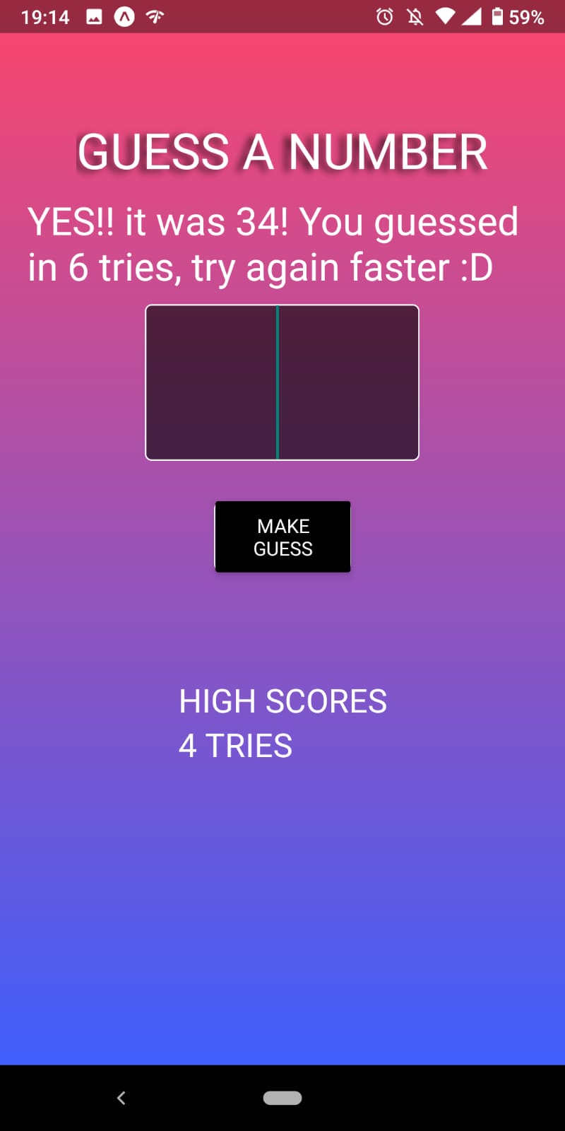 Screenshot of React Native guessing game app with high score