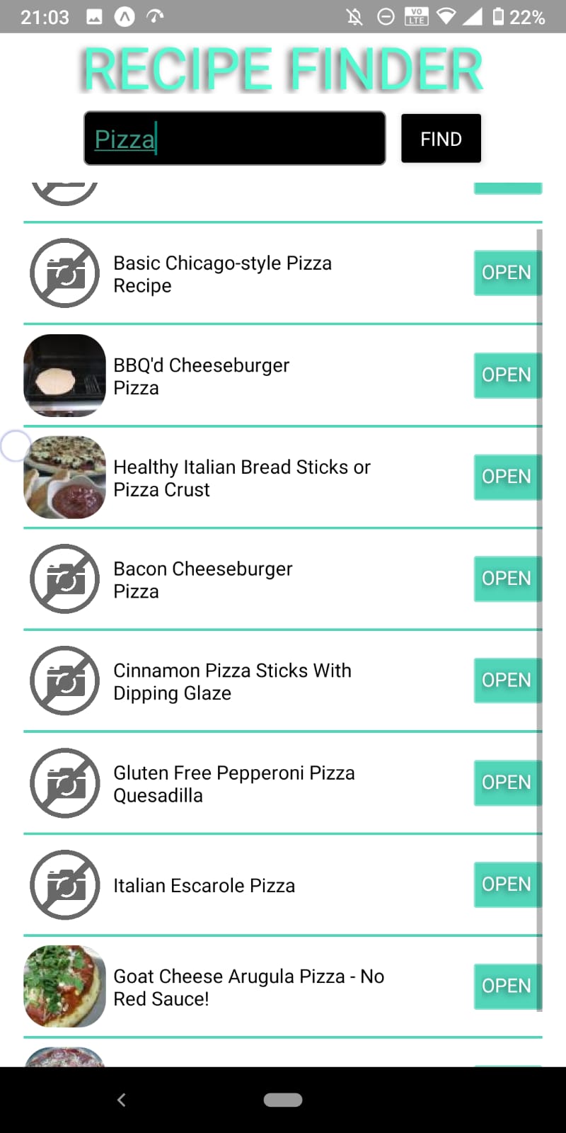 Screenshot of React Native recipe finder app