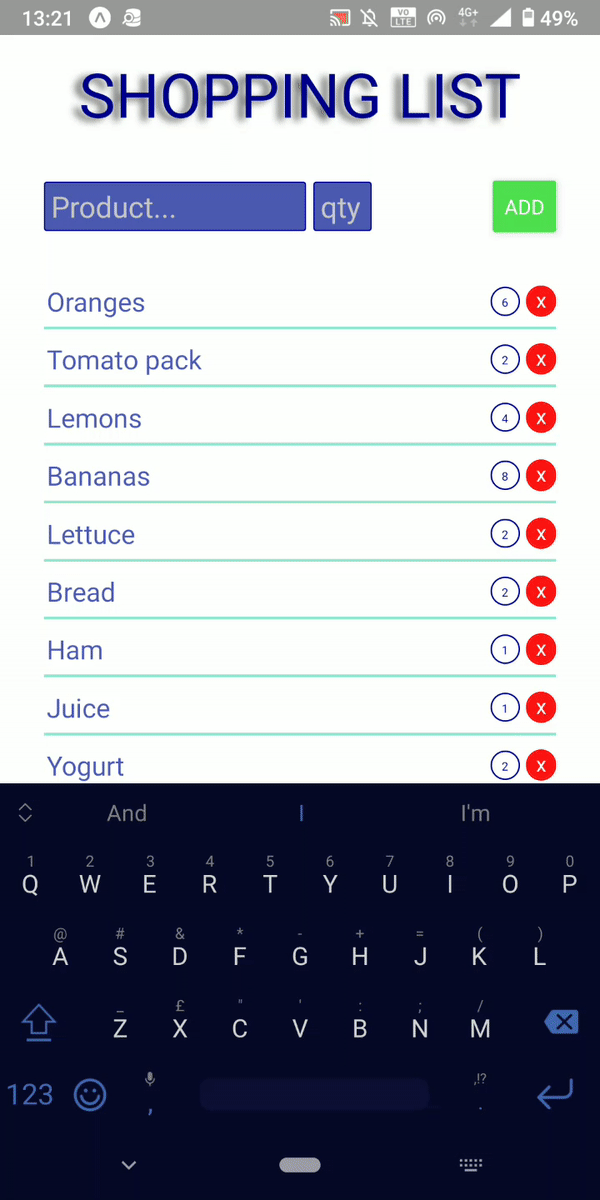 Screenshot of React Native shopping list app with SQLite Database