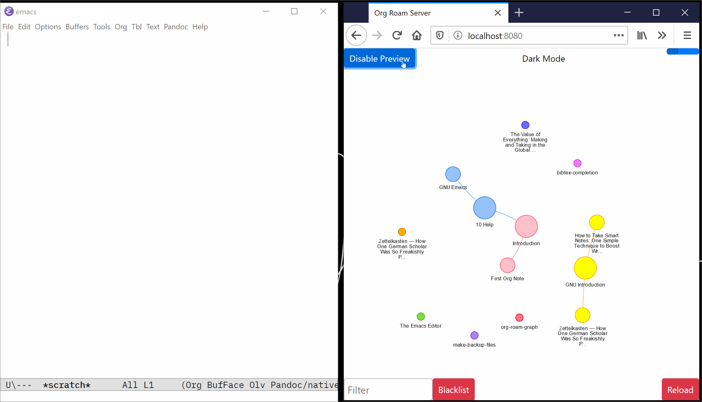 Animation showing org-roam-sever interacting with Emacs