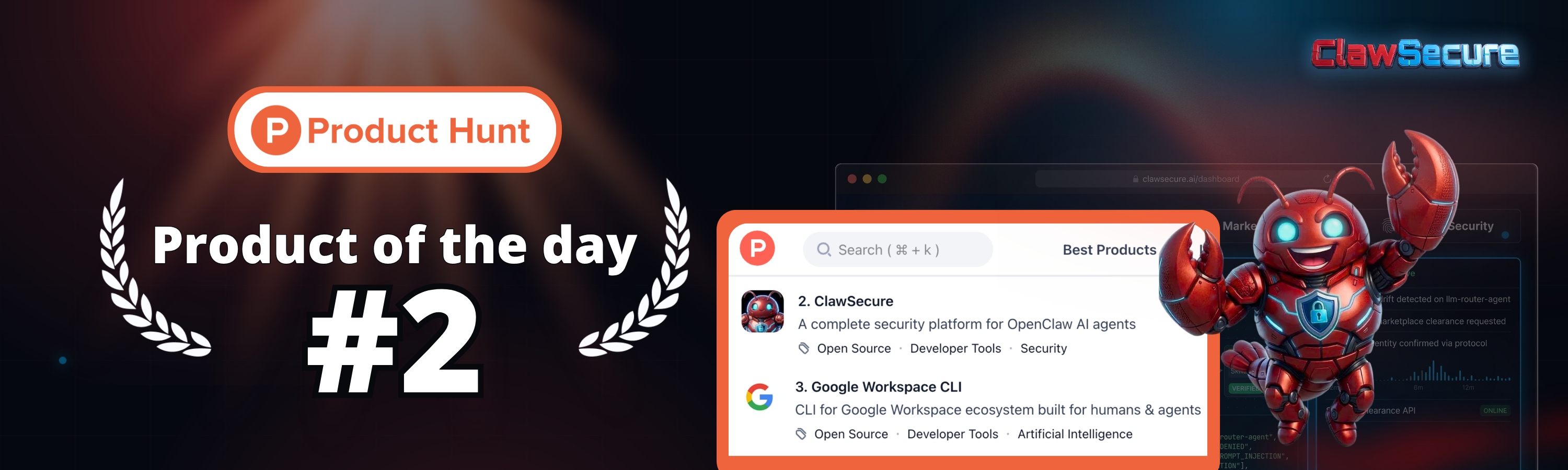 ClawSecure — #2 Product of the Day on Product Hunt