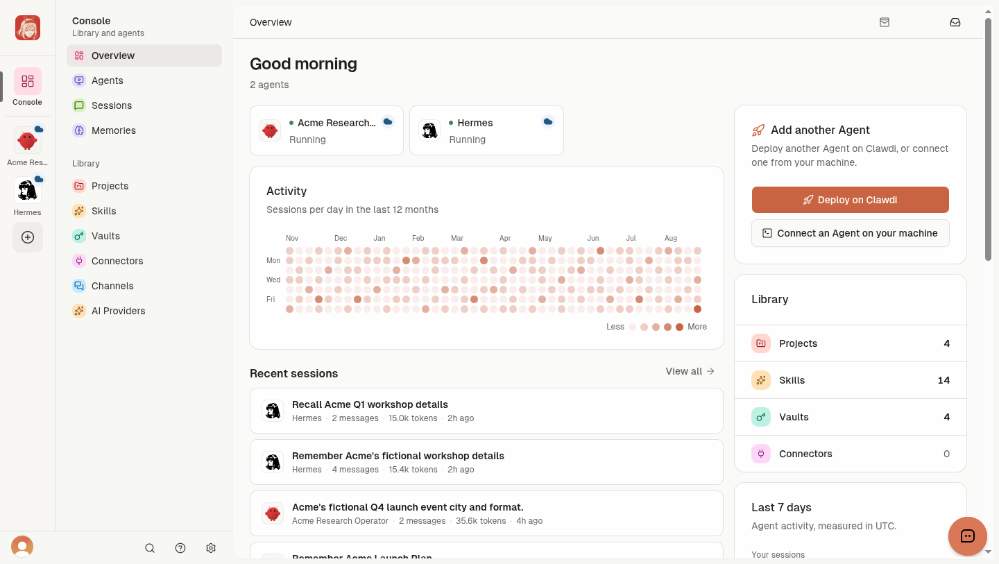 Clawdi overview with two running demo Agents and a 12-month activity history