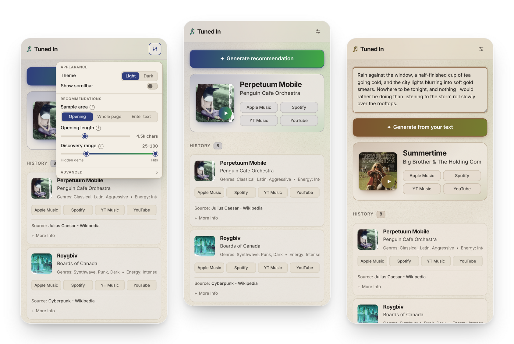 The redesigned side panel: settings, a recommendation, and Enter text mode
