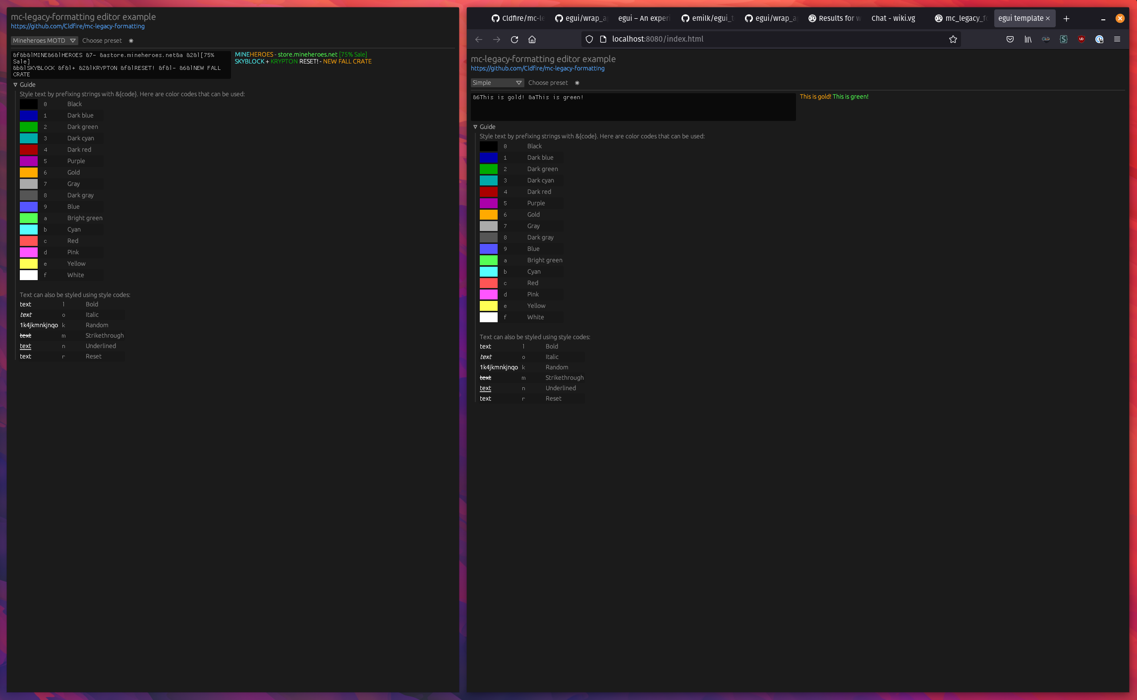 screenshot of the editor-gui running natively and in a web browser side-by-side
