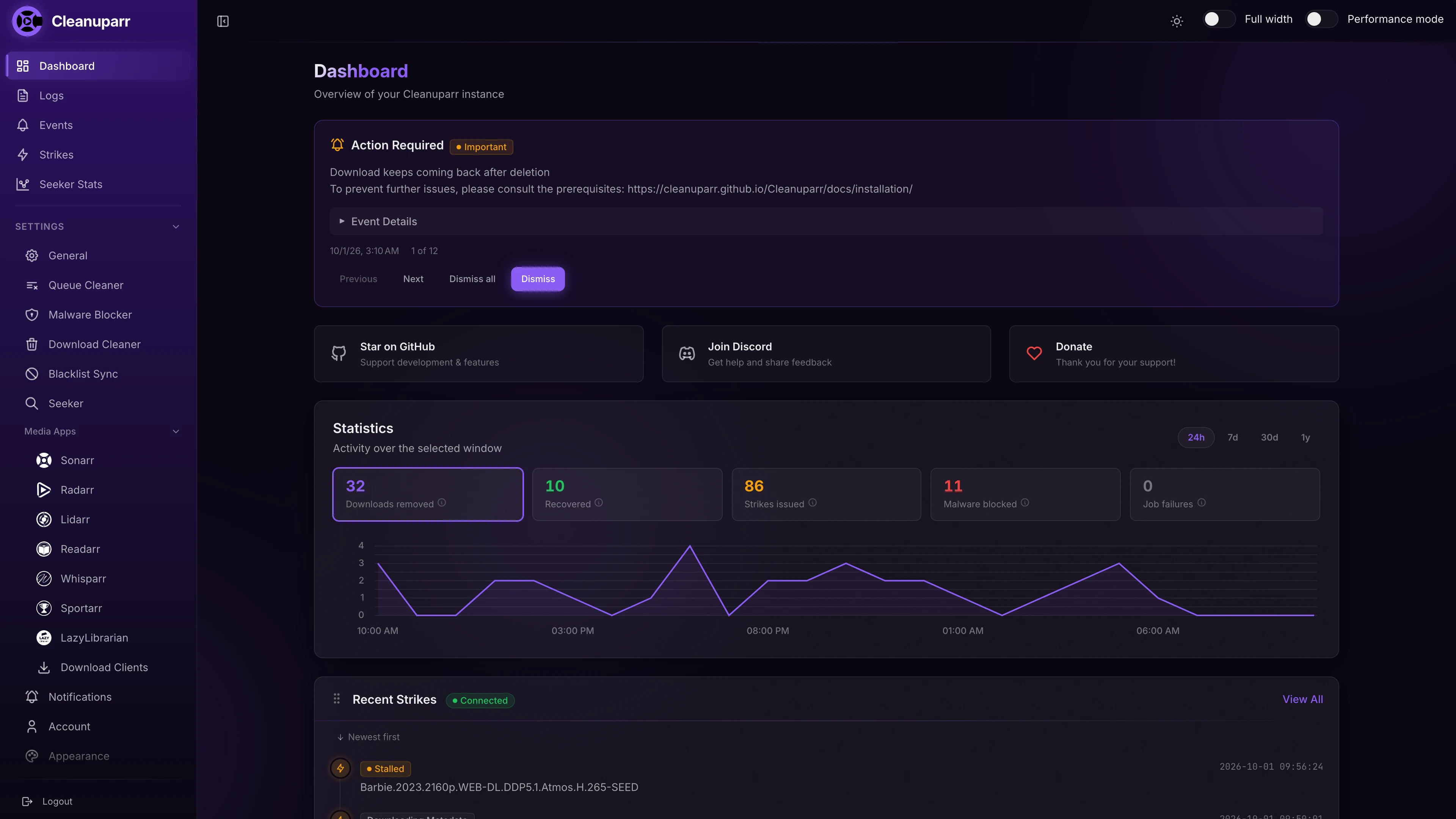 Cleanuparr dashboard