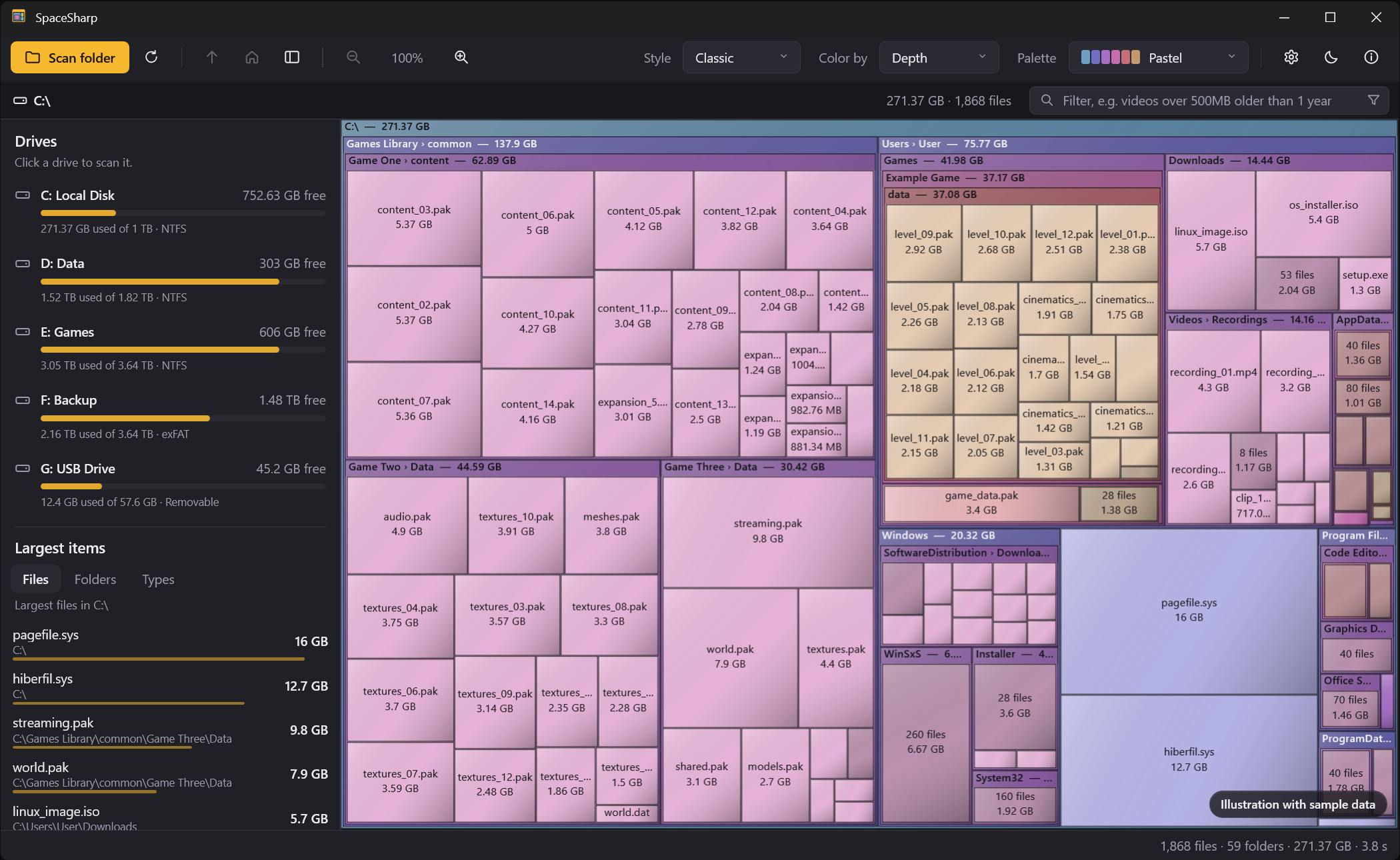 SpaceSharp showing a drive as a treemap, with sample data
