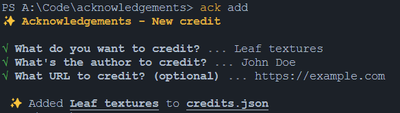 Using the ack add command. The example shows the crediting of John Doe for "Leaf textures".